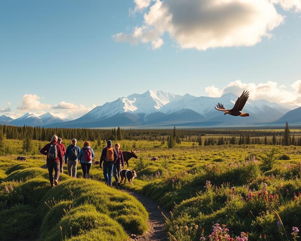 A stunning landscape of Denali National Park in Alaska, showcasing sustainable travel practices. In the foreground, a small group of travelers dressed in modest outdoor clothing is walking along a scenic hiking trail, closely observing and respecting the diverse wildlife, including moose and eagles. The middle ground features lush greenery and beautiful wildflowers, symbolizing the rich biodiversity of the region. In the background, majestic snow-capped peaks of Denali rise under a bright blue sky, with soft clouds casting gentle shadows. The lighting is warm and inviting, evoking a sense of harmony with nature. The atmosphere is serene and respectful, capturing the essence of sustainable travel while fostering a connection with the environment and local communities.