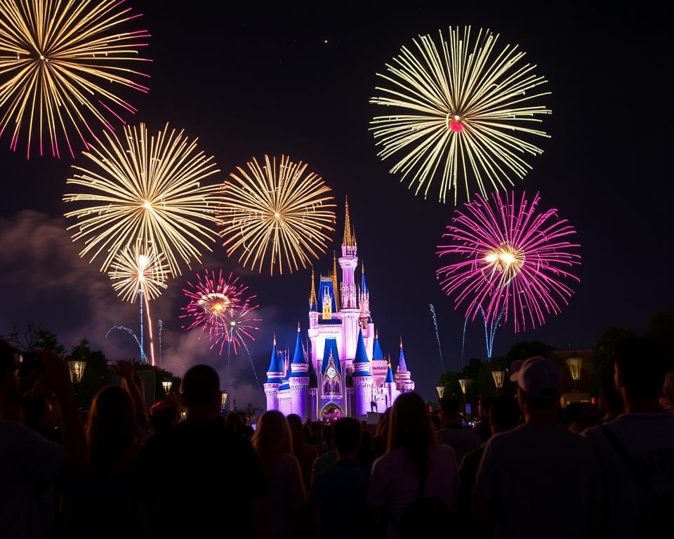 A stunning nighttime scene of the fireworks at Disney World Orlando, capturing the magic of the moment. In the foreground, silhouettes of jubilant families are watching the vibrant display with expressions of awe, dressed in casual attire. The middle ground features a spectacular array of colorful fireworks bursting in the sky, illuminating the landscape with shades of gold, pink, and blue. In the background, the iconic Cinderella Castle stands majestically with its turrets aglow, reflecting the excitement of the evening. The atmosphere is filled with enchantment and joy, under a starry sky. The lighting is bright and vivid, highlighting the details of the fireworks against the night backdrop, creating a sense of wonder and celebration.