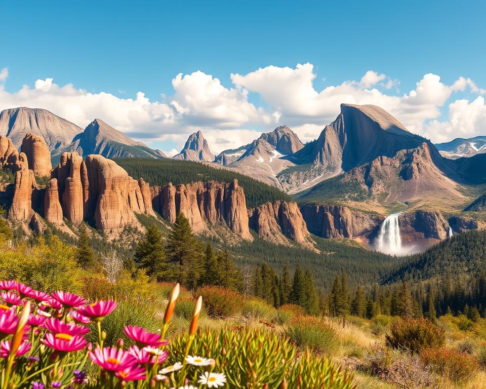 A stunning panoramic view of popular national parks in the USA, showcasing vibrant landscapes. In the foreground, include diverse flora such as wildflowers in bloom and rugged rock formations typical of national parks. The middle ground features iconic landmarks like the majestic peaks of the Rocky Mountains and the stunning waterfalls of Yosemite. In the background, a clear blue sky with soft, fluffy clouds illuminates the scene, suggesting a sunny day perfect for exploration. Use warm, natural lighting to evoke feelings of serenity and adventure. The composition should have a slight tilt-up angle to emphasize the vastness of the landscapes. The overall atmosphere is inviting and awe-inspiring, capturing the essence of America's natural beauty.