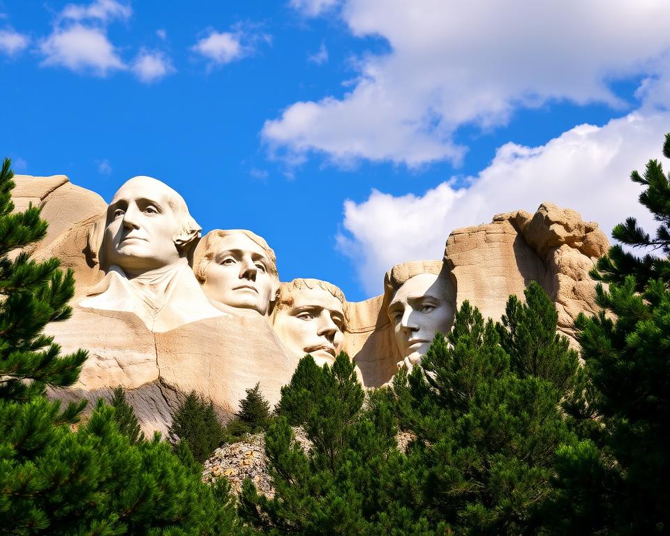 A stunning view of Mount Rushmore featuring the faces of four iconic U.S. Presidents—George Washington, Thomas Jefferson, Theodore Roosevelt, and Abraham Lincoln—carved into granite. The foreground highlights the intricate details of the sculptures, where the sun casts dynamic shadows, accentuating their features. In the middle ground, lush green trees surround the monument, framing the dramatic rock formations and enhancing the natural beauty of the Black Hills. The background showcases a clear blue sky with soft, fluffy clouds, giving a sense of a bright, serene day. The image is captured from a slight low angle, creating a majestic perspective. The atmosphere is awe-inspiring and patriotic, conveying the grandeur and significance of this national landmark. Natural sunlight illuminates the scene, creating a warm and inviting mood.