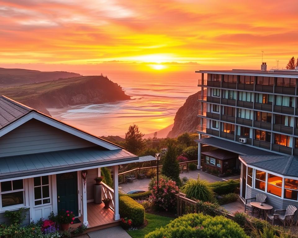 A stunning view of various accommodations along the West Coast of the USA, showcasing diverse lodging options such as cozy beach cottages, modern hotels with ocean views, and rustic cabins nestled in lush forests. In the foreground, a welcoming beach cottage with a porch adorned with flowering plants, while the middle ground features a chic hotel with large windows reflecting the sunset. The background reveals dramatic cliffs and golden beaches meeting the Pacific Ocean under a vibrant orange and purple sky. Soft, warm lighting enhances the inviting atmosphere. The scene is captured from a slightly elevated angle, emphasizing the picturesque landscape and the variety of comfortable lodging available. The mood is serene and inviting, perfect for travelers seeking adventure and relaxation.