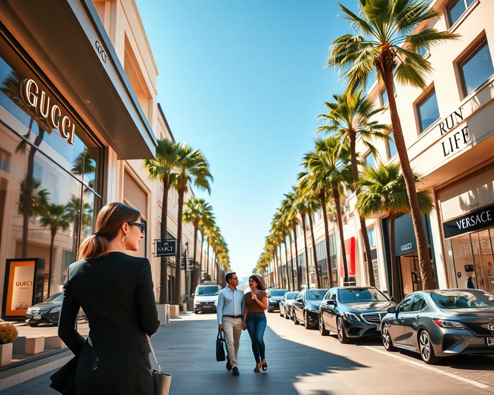 A sunny day in Beverly Hills, showcasing the luxurious shopping atmosphere of Rodeo Drive. In the foreground, an elegant woman in a stylish business outfit browses a high-end boutique, while a fashionable couple strolls by, admiring the lavish window displays. The middle ground features iconic palm trees lining the street, with upscale shops like Gucci and Versace visible. In the background, a clear blue sky adds to the vibrant ambiance, and sleek cars are parked along the curb. The scene is bathed in warm, golden sunlight, creating a lively and inviting mood, perfect for a day of luxury shopping. Capture this in a wide angle, highlighting the bustling street life and opulent architecture. A sunny day in Beverly Hills, showcasing the luxurious shopping atmosphere of Rodeo Drive. In the foreground, an elegant woman in a stylish business outfit browses a high-end boutique, while a fashionable couple strolls by, admiring the lavish window displays. The middle ground features iconic palm trees lining the street, with upscale shops like Gucci and Versace visible. In the background, a clear blue sky adds to the vibrant ambiance, and sleek cars are parked along the curb. The scene is bathed in warm, golden sunlight, creating a lively and inviting mood, perfect for a day of luxury shopping. Capture this in a wide angle, highlighting the bustling street life and opulent architecture.