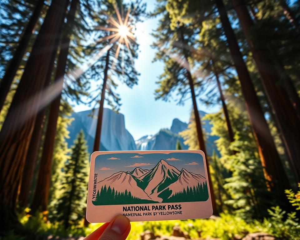 A vibrant National Park Pass with a detailed illustration of iconic American national parks such as Yosemite and Yellowstone in the background. The foreground features the pass itself, prominently displayed, showcasing its unique design, which includes a picturesque design of mountains and forests. The surrounding nature is lush and vibrant, with sunbeams filtering through tall trees, creating a warm, inviting atmosphere. Soft, dappled lighting enhances the colors of the landscape, emphasizing the variety of greens and earthy tones. The scene captures a sense of adventure and exploration, with stunning vistas of waterfalls and wildlife subtly visible in the mid-ground. The angle should suggest a slight upward perspective, creating an inspiring and majestic feeling, inviting viewers into the beauty of America’s natural wonders.