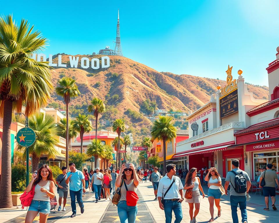 A vibrant and colorful illustration of popular Hollywood attractions in Los Angeles, showcasing iconic landmarks such as the Hollywood Sign, Walk of Fame stars embedded in a lively street scene, and the TCL Chinese Theatre. In the foreground, depict cheerful tourists in modest casual clothing capturing photos and enjoying the atmosphere, with palm trees swaying in the breeze. The middle ground should feature classic Los Angeles architecture and bustling cafes, radiating lively vibes. The background should highlight the Hollywood Hills under a clear blue sky, with golden sunlight bathing the scene. The image should convey an upbeat and inviting atmosphere, evoking the excitement of visiting these famous attractions. Use a wide-angle lens effect to capture the vibrancy of the scene, enhancing the saturation of colors for a lively feel. A vibrant and colorful illustration of popular Hollywood attractions in Los Angeles, showcasing iconic landmarks such as the Hollywood Sign, Walk of Fame stars embedded in a lively street scene, and the TCL Chinese Theatre. In the foreground, depict cheerful tourists in modest casual clothing capturing photos and enjoying the atmosphere, with palm trees swaying in the breeze. The middle ground should feature classic Los Angeles architecture and bustling cafes, radiating lively vibes. The background should highlight the Hollywood Hills under a clear blue sky, with golden sunlight bathing the scene. The image should convey an upbeat and inviting atmosphere, evoking the excitement of visiting these famous attractions. Use a wide-angle lens effect to capture the vibrancy of the scene, enhancing the saturation of colors for a lively feel.