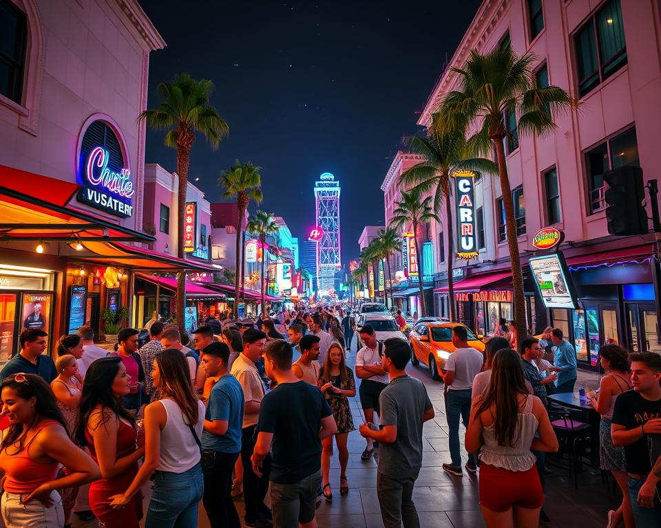 A vibrant nightlife scene in Los Angeles, showcasing a lively street filled with people enjoying the evening. In the foreground, a diverse group of young adults dressed in stylish casual clothing laughing and conversing around a trendy outdoor café, with colorful neon lights reflecting off the pavement. In the middle ground, lively bars with patrons enjoying drinks on patios, while street musicians perform nearby, creating an energetic atmosphere. The background features iconic LA architecture under a starlit sky, with palm trees swaying gently and bustling traffic illuminating the street. The overall mood is festive and dynamic, captured using a wide-angle lens to emphasize the excitement of the nightlife, with warm lighting creating an inviting ambiance. A vibrant nightlife scene in Los Angeles, showcasing a lively street filled with people enjoying the evening. In the foreground, a diverse group of young adults dressed in stylish casual clothing laughing and conversing around a trendy outdoor café, with colorful neon lights reflecting off the pavement. In the middle ground, lively bars with patrons enjoying drinks on patios, while street musicians perform nearby, creating an energetic atmosphere. The background features iconic LA architecture under a starlit sky, with palm trees swaying gently and bustling traffic illuminating the street. The overall mood is festive and dynamic, captured using a wide-angle lens to emphasize the excitement of the nightlife, with warm lighting creating an inviting ambiance.