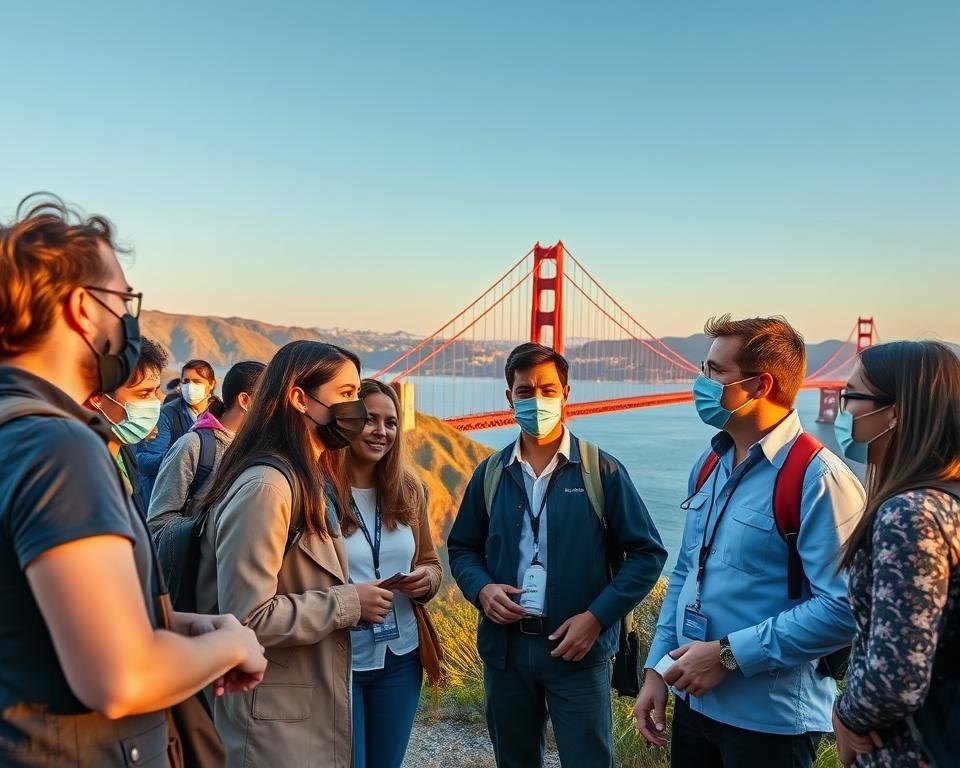 A vibrant outdoor scene capturing health and safety during a guided tour along the West Coast of the USA. In the foreground, a diverse group of travelers dressed in smart casual attire, engaging with local healthcare professionals who demonstrate safety measures, such as wearing masks and using hand sanitizers. In the middle ground, iconic West Coast landmarks like the Golden Gate Bridge and lush coastal forests are visible, symbolizing adventure. The background features a clear blue sky during golden hour, providing warm lighting and a welcoming atmosphere. The mood is optimistic and reassuring, highlighting the importance of safety and wellness while traveling. The composition should focus on authentic connections and the beauty of the scenery without any text or distractions.
