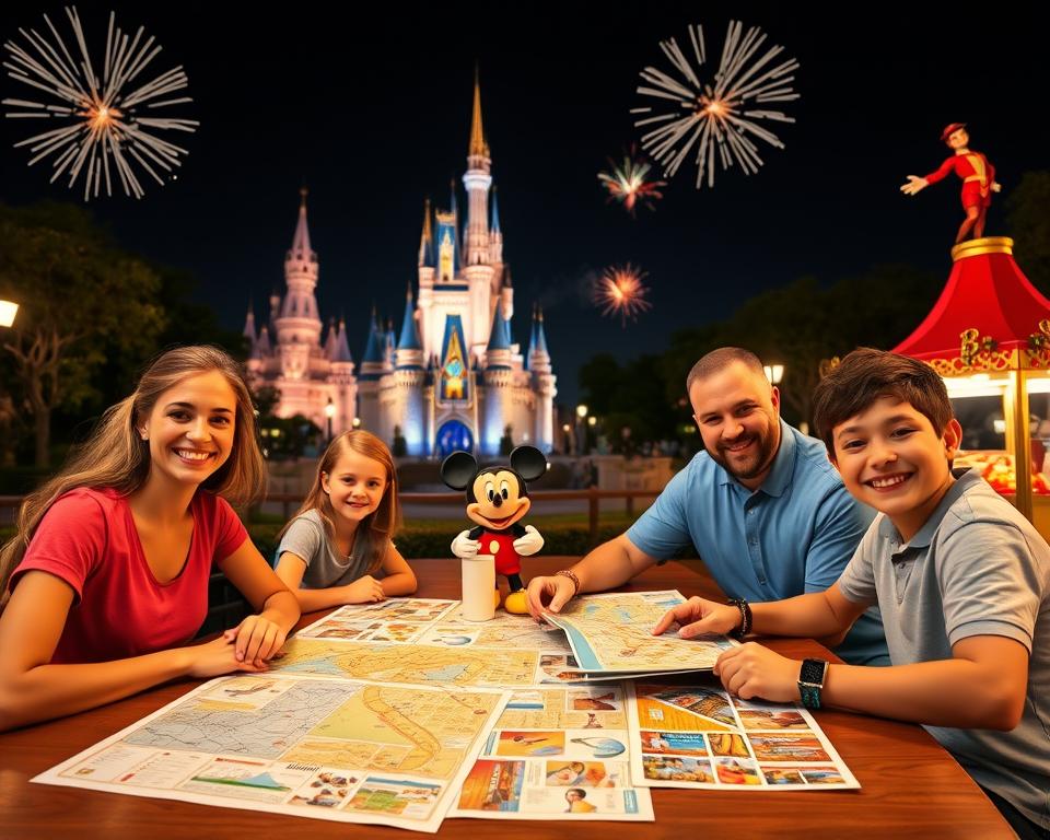 A vibrant overview of Disney World Orlando, capturing a family planning their magical trip. In the foreground, a cheerful family sits at a table with colorful maps and brochures spread out, showcasing attractions like Cinderella Castle and Space Mountain. The middle layer features iconic Disney elements: a friendly Mickey Mouse topiary and a food cart offering oversized Disney-themed snacks. In the background, the enchanting night skyline of the park illuminated with sparkling lights and fireworks, creating a sense of wonder. The scene is bathed in warm golden lighting, evoking a welcoming atmosphere of excitement and anticipation. Use a slightly elevated angle to emphasize the family's engagement with their planning, while ensuring the entire image conveys joy and excitement for a stress-free Disney adventure.