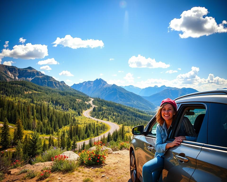 A vibrant scene depicting a "National Park Pass USA Roadtrip." In the foreground, a neatly packed car with a couple smiling and looking excited, dressed in casual outdoor clothing, is parked on a scenic overlook. The middle ground features winding roads leading through lush green forests and rugged mountain landscapes, dotted with colorful wildflowers. The background showcases majestic mountains under a clear blue sky, with fluffy white clouds. Warm sunlight bathes the scene, casting soft shadows and highlighting the natural beauty. The atmosphere is filled with a sense of adventure and exploration, perfect for a road trip through America’s stunning national parks.