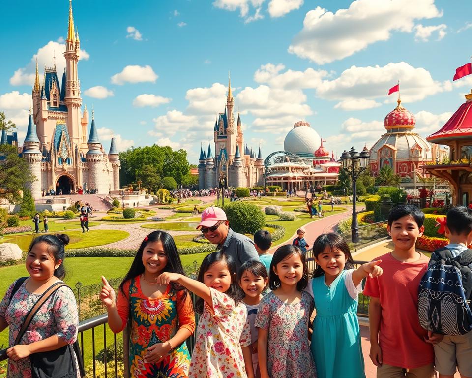 A vibrant scene depicting the must-see attractions at Disney World Orlando, showcasing iconic elements like Cinderella's Castle, the thrilling Space Mountain, and the whimsical It’s a Small World ride. In the foreground, a diverse group of families, dressed in colorful, modest casual attire, joyfully experience the magic, with wide-eyed children pointing at attractions. The middle ground features lush green landscapes and beautifully designed pathways leading to various rides, with joyful visitors exploring. The background includes a bright blue sky dotted with fluffy clouds, creating a cheerful atmosphere. Soft, warm lighting enhances the enchantment of the scene, reminiscent of a sunny day at the park, captured from a slightly elevated angle for a captivating perspective.
