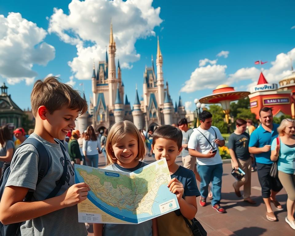 A vibrant scene of Disney World featuring families and visitors enjoying their day while minimizing wait times. In the foreground, smiling children in casual clothing look at a colorful map of the park, excitedly discussing which attraction to visit next. The middle ground showcases iconic Disney attractions like Cinderella's Castle and Space Mountain, with guests moving efficiently through the park, some using mobile apps to check wait times displayed on their devices. In the background, a bright blue sky with fluffy clouds enhances the atmosphere of joy and excitement. The lighting is warm and inviting, reminiscent of a sunny day at the theme park, evoking feelings of magic and adventure. The angle is slightly elevated, giving a panoramic view that captures the bustling, cheerful essence of Disney World.