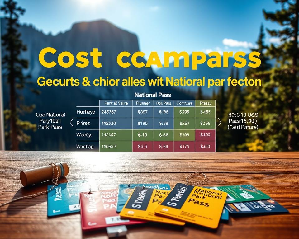 A visually appealing infographic-style image highlighting the cost comparison of the National Park Pass in the USA. Foreground: Display various National Park Passes in vibrant colors, laid out on a wooden table, with price tags attached. Middle: Include a detailed chart or graph illustrating the costs and validity periods for different park passes, using contrasting colors for clarity. Background: A serene nature scene featuring a towering mountain range with lush forests and a clear blue sky, suggesting the beauty of the national parks. Lighting: Soft, natural daylight streaming in from the left, creating an inviting atmosphere. Mood: Informative yet engaging, evoking excitement about exploring nature and understanding the value of the National Park Pass.