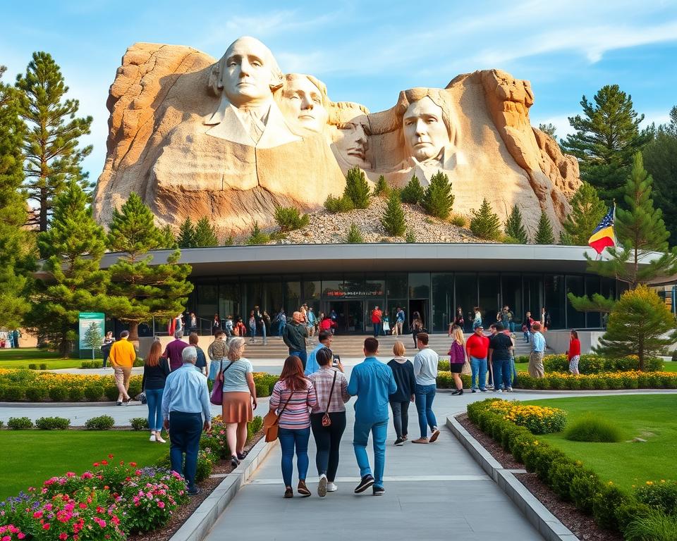 A wide-angle view of the Visitor Center at Mount Rushmore, showcasing its modern architectural design against a backdrop of majestic pine forests and the iconic granite faces of the four U.S. Presidents. The foreground features well-maintained landscaping with vibrant flowers and pathways, inviting visitors to explore. The middle ground captures diverse groups of tourists in modest casual clothing, eagerly taking pictures and engaging with informative displays about the monument. In the background, the imposing Mount Rushmore rock carvings rise against a clear blue sky, illuminated by soft sunlight, enhancing their grandeur. The scene conveys a sense of wonder and history, emphasizing the educational experience that the Visitor Center provides. The image should be bright and welcoming, reflecting a delightful day for visitors.